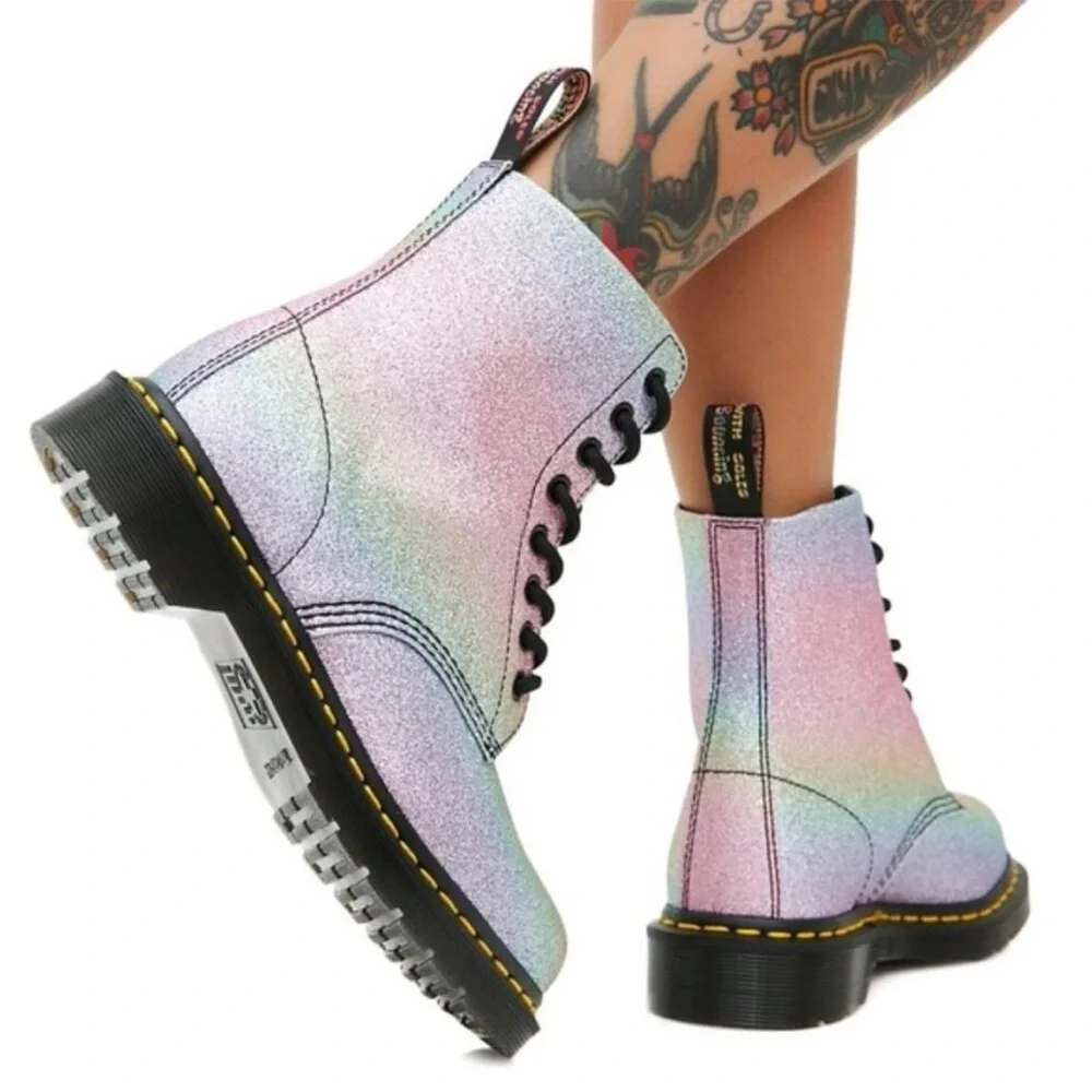 Dr Doc Martens Pascal Rainbow Multicolor Glitter Combat Lace Up Boots Size 3